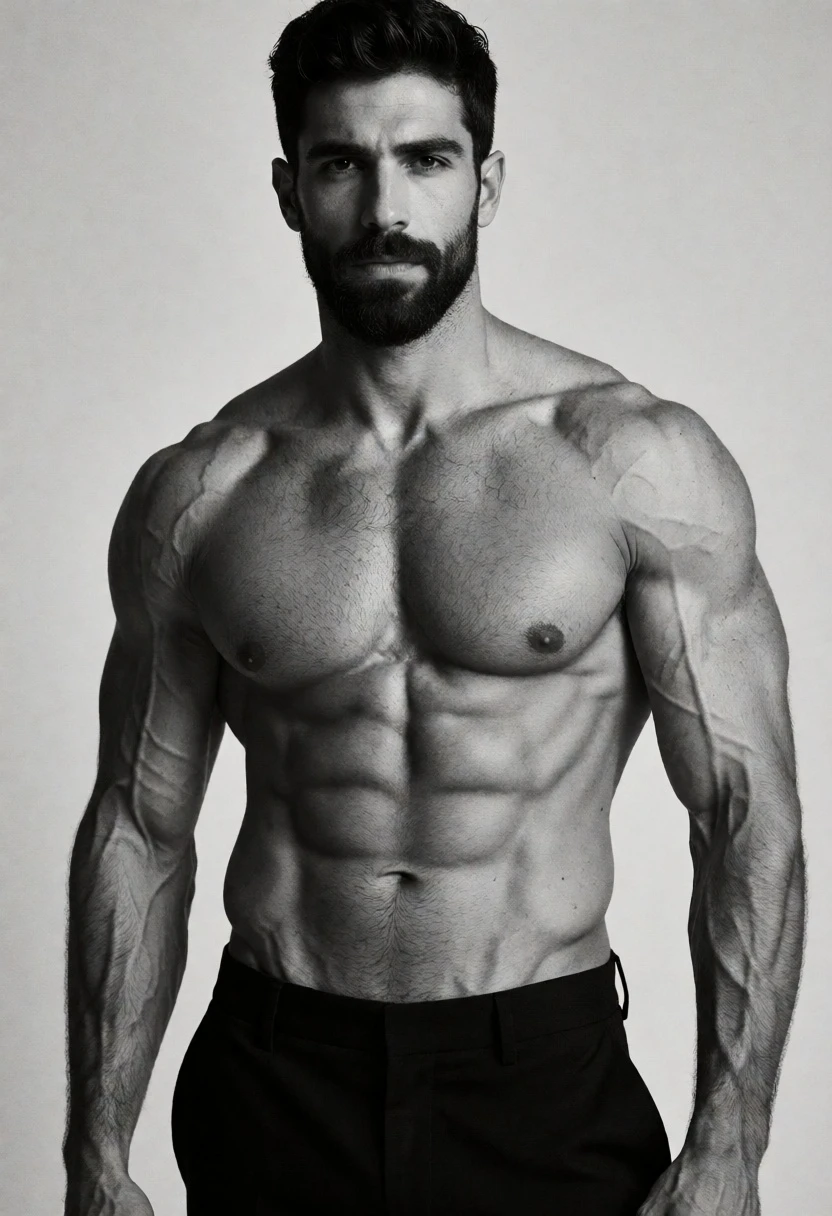 Muscular man in black trousers against gray studio background high contrast - AI generated image prompt sample