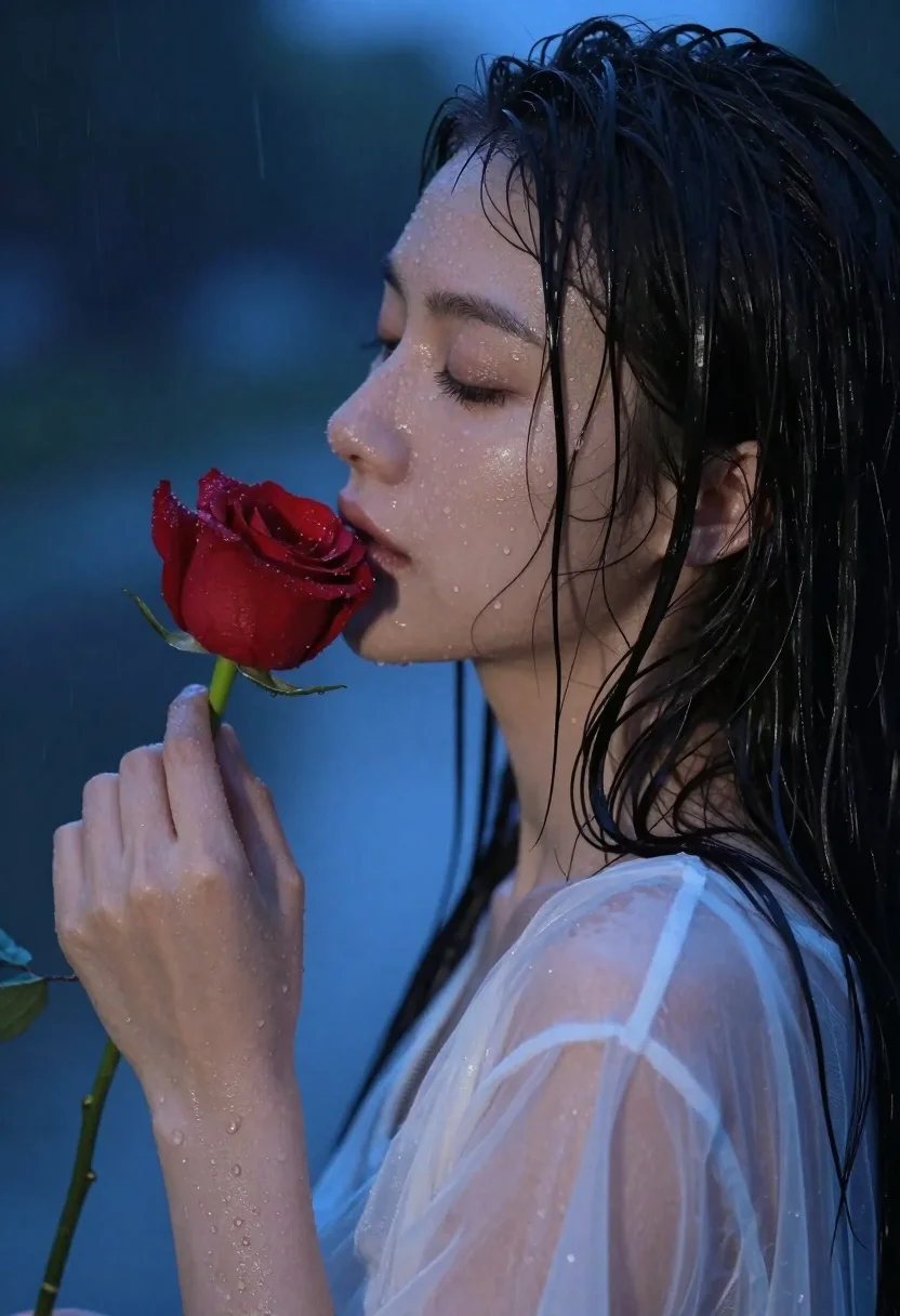 Close up profile portrait of young woman smelling red rose in rain - AI generated image prompt sample