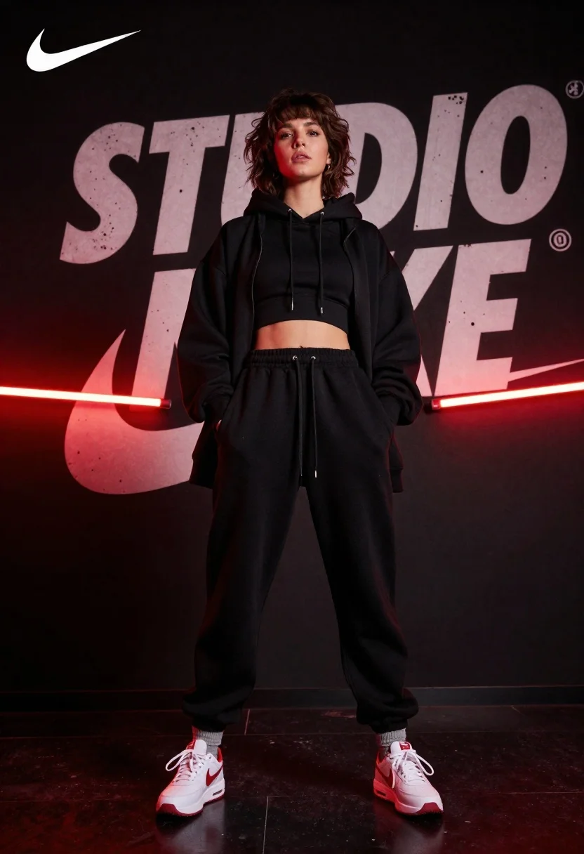 Young woman in black hoodie and sneakers standing in a dark studio - AI generated image prompt sample