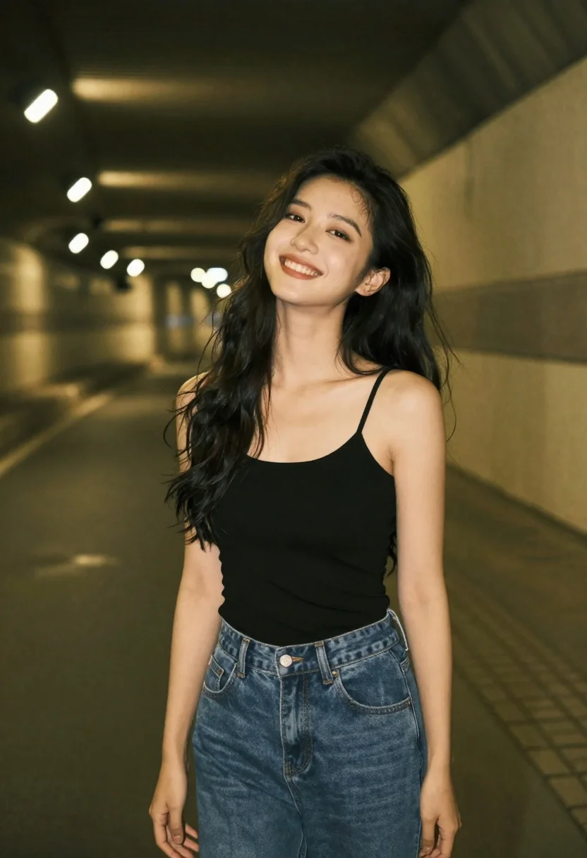 Smiling woman in black tank top and blue jeans under concrete tunnel - AI generated image prompt sample