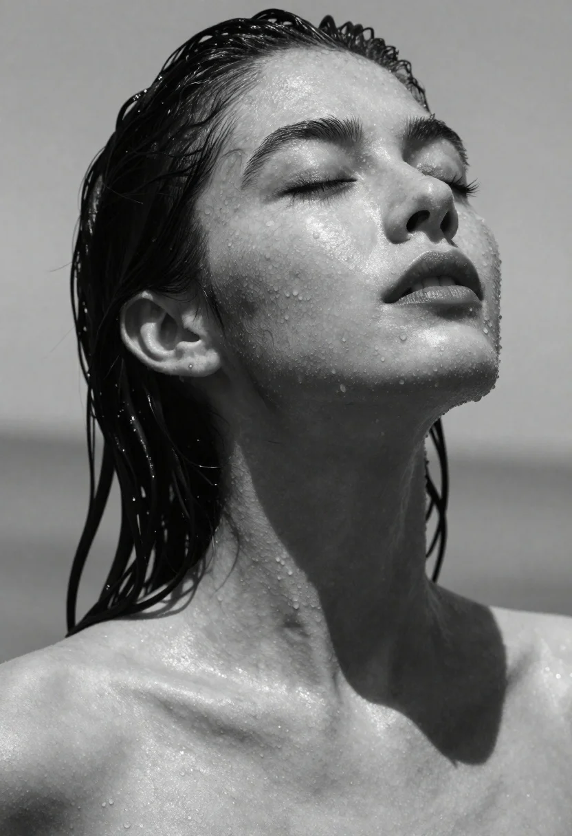 Black and white portrait of woman with closed eyes - AI generated image prompt sample