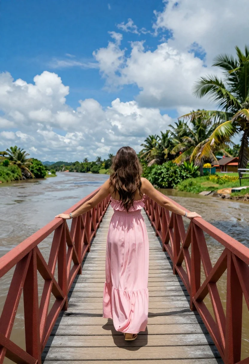 Woman in pink dress standing on wooden bridge overlooking river landscape