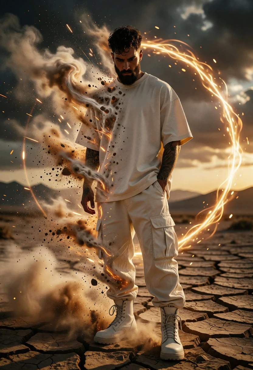 Man dissolving in desert landscape surrounded by golden energy ring - AI generated image prompt sample
