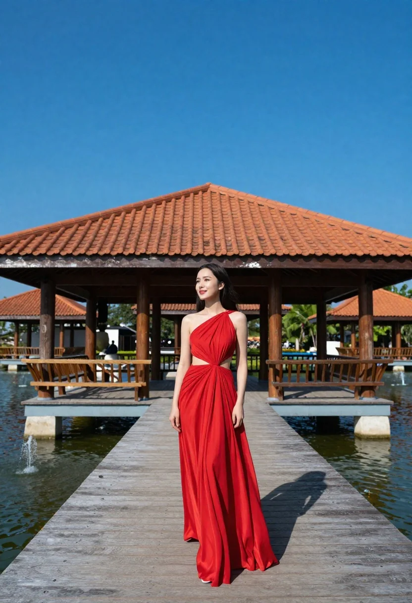Woman in red gown on wooden walkway near traditional pavilion under blue
