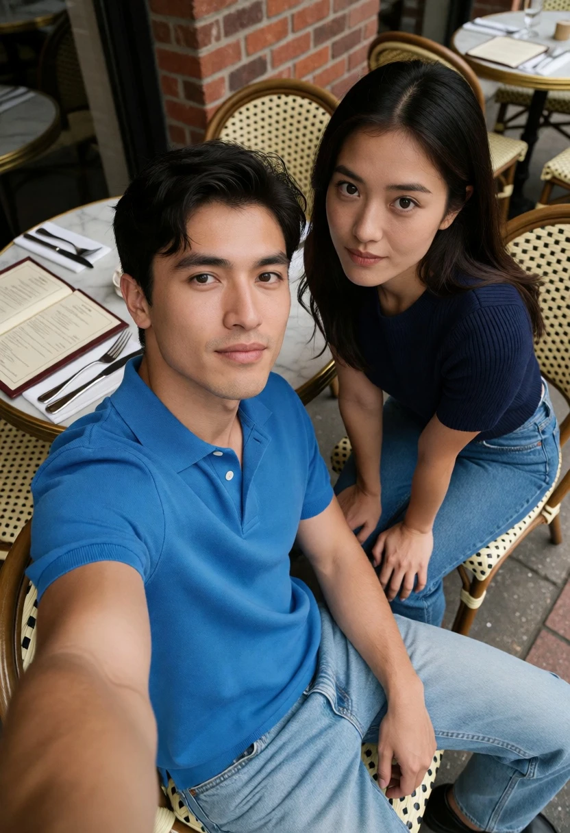 High angle selfie of couple at cafe table with marble top - AI generated image prompt sample
