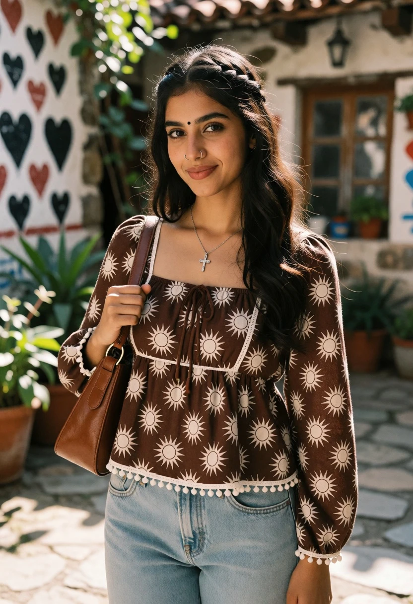 Young woman in patterned blouse and jeans standing in sunlit stone courtyard - AI generated image prompt sample