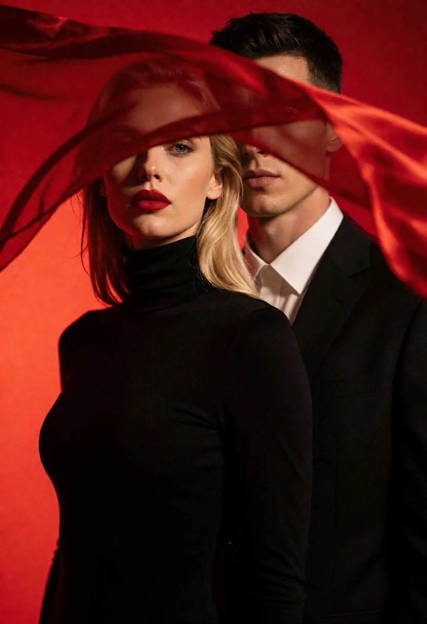 Dramatic studio portrait of couple obscured by swirling red fabric - AI generated image prompt sample