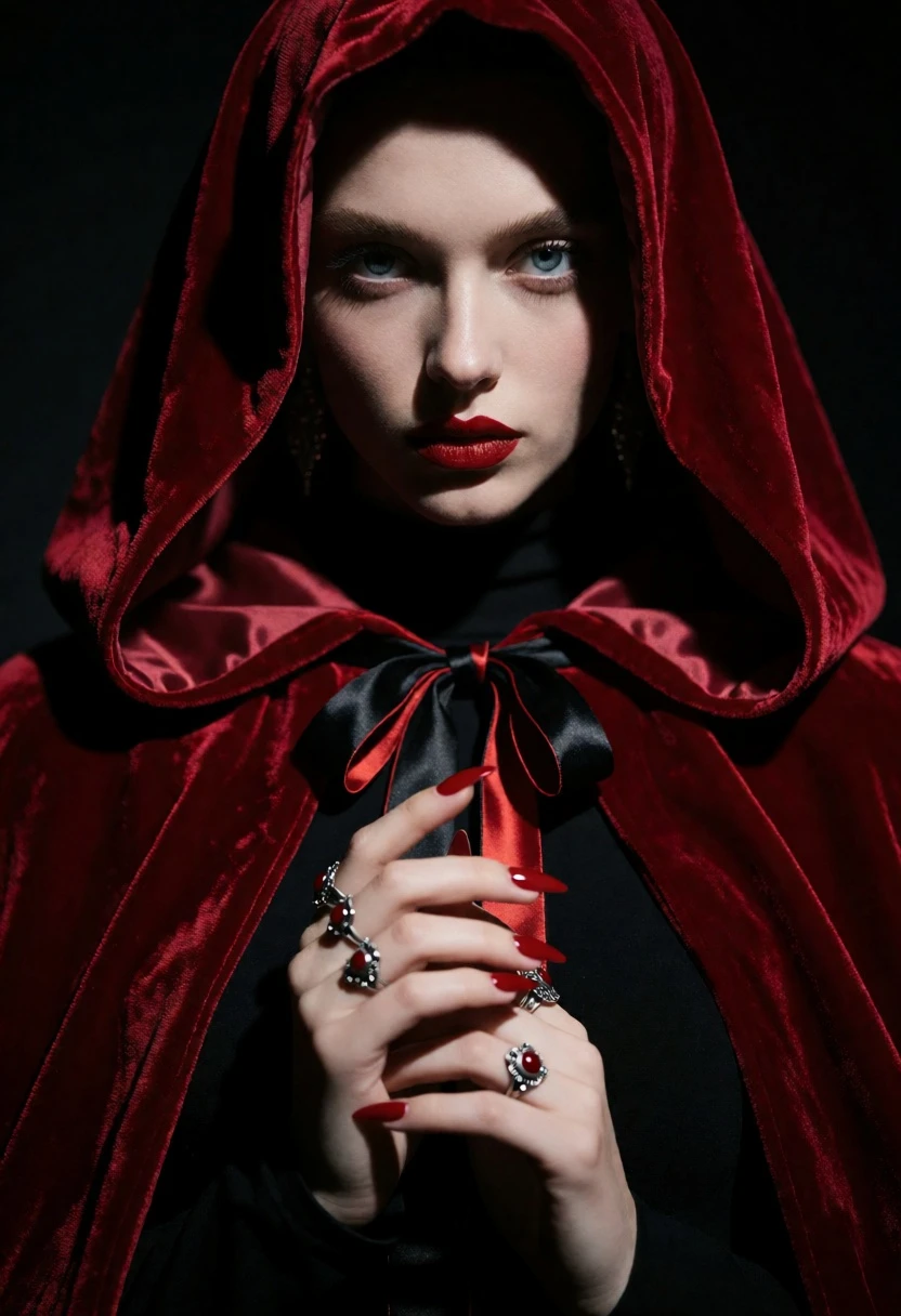 Striking portrait of woman in deep red hooded cloak against a dark - AI generated image prompt sample