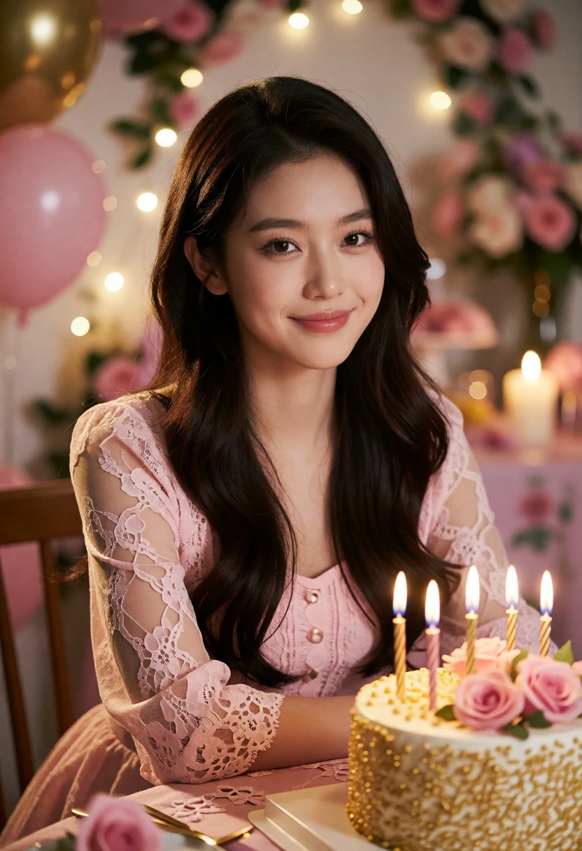 Young woman with dark hair at birthday cake surrounded by pink decorations - AI generated image prompt sample