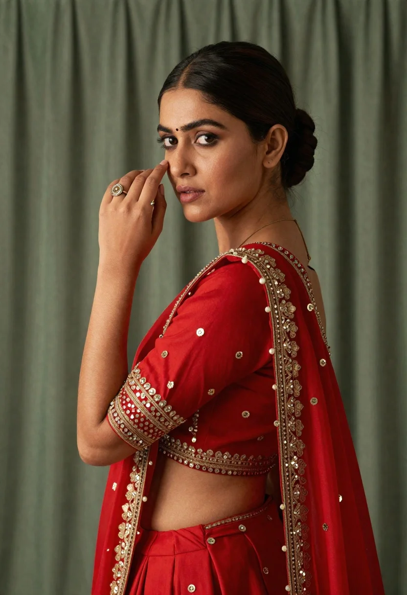 Woman in red embroidered lehenga posing elegantly looking over shoulder