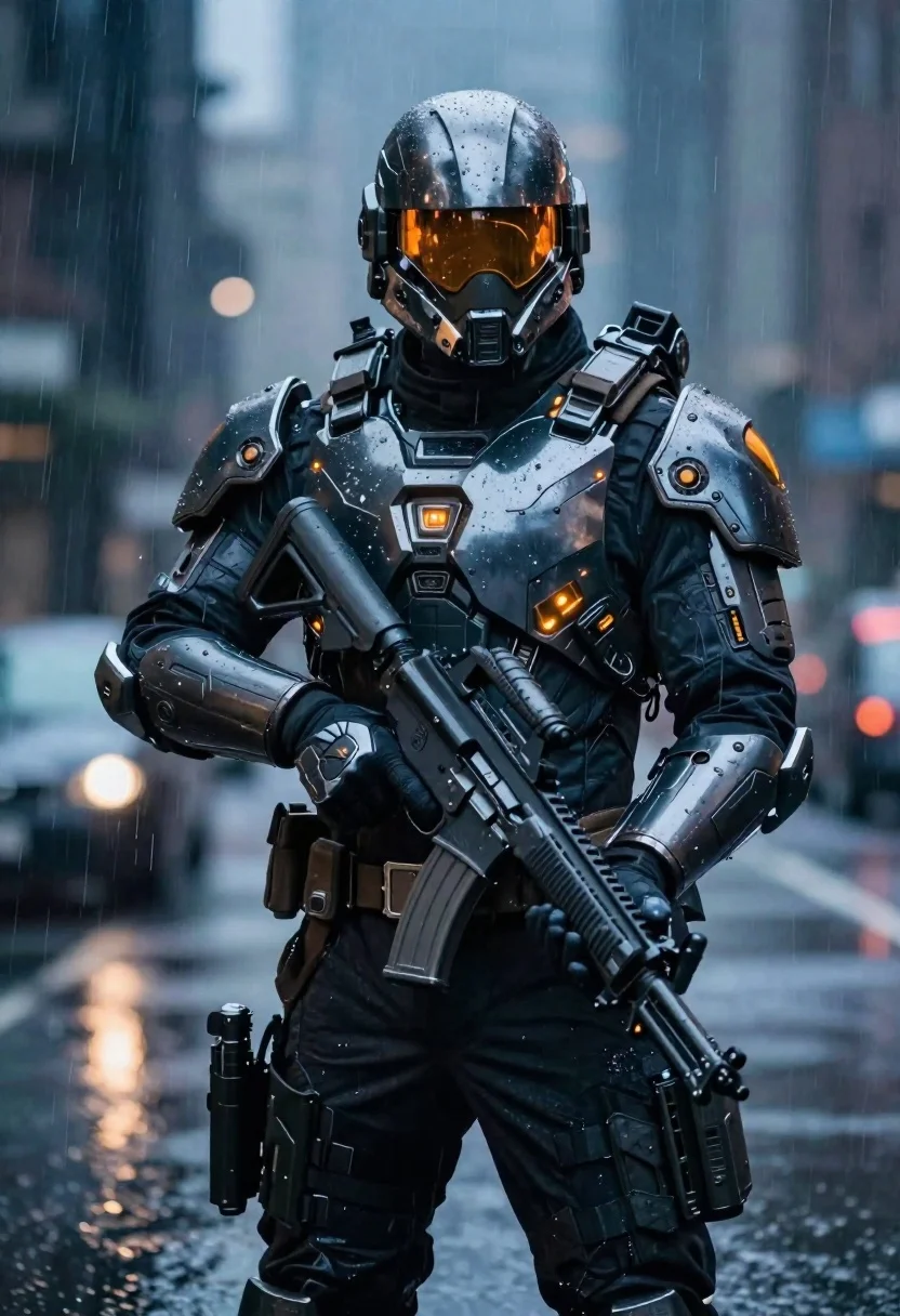 Futuristic soldier in rainy urban setting