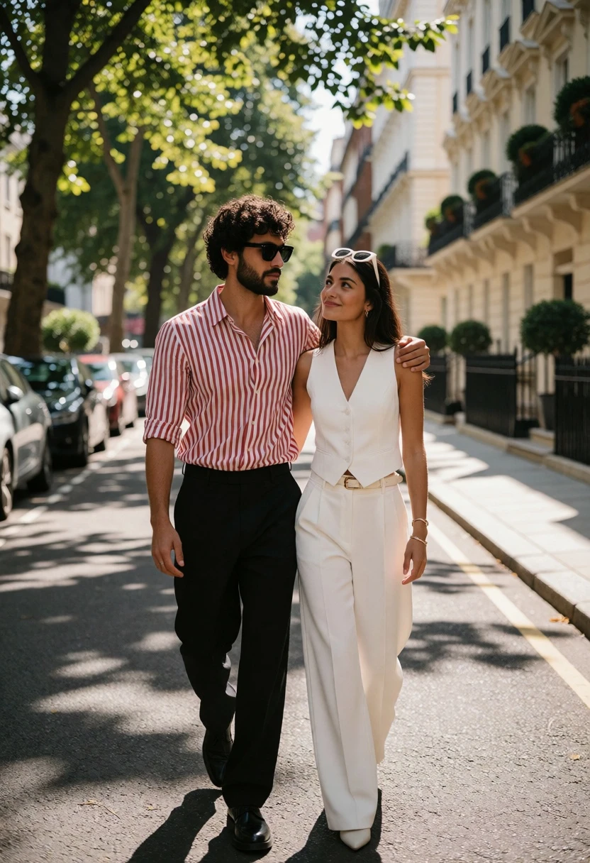 Stylish couple walking down a sunny treelined city street in fashionable attire - AI generated image prompt sample