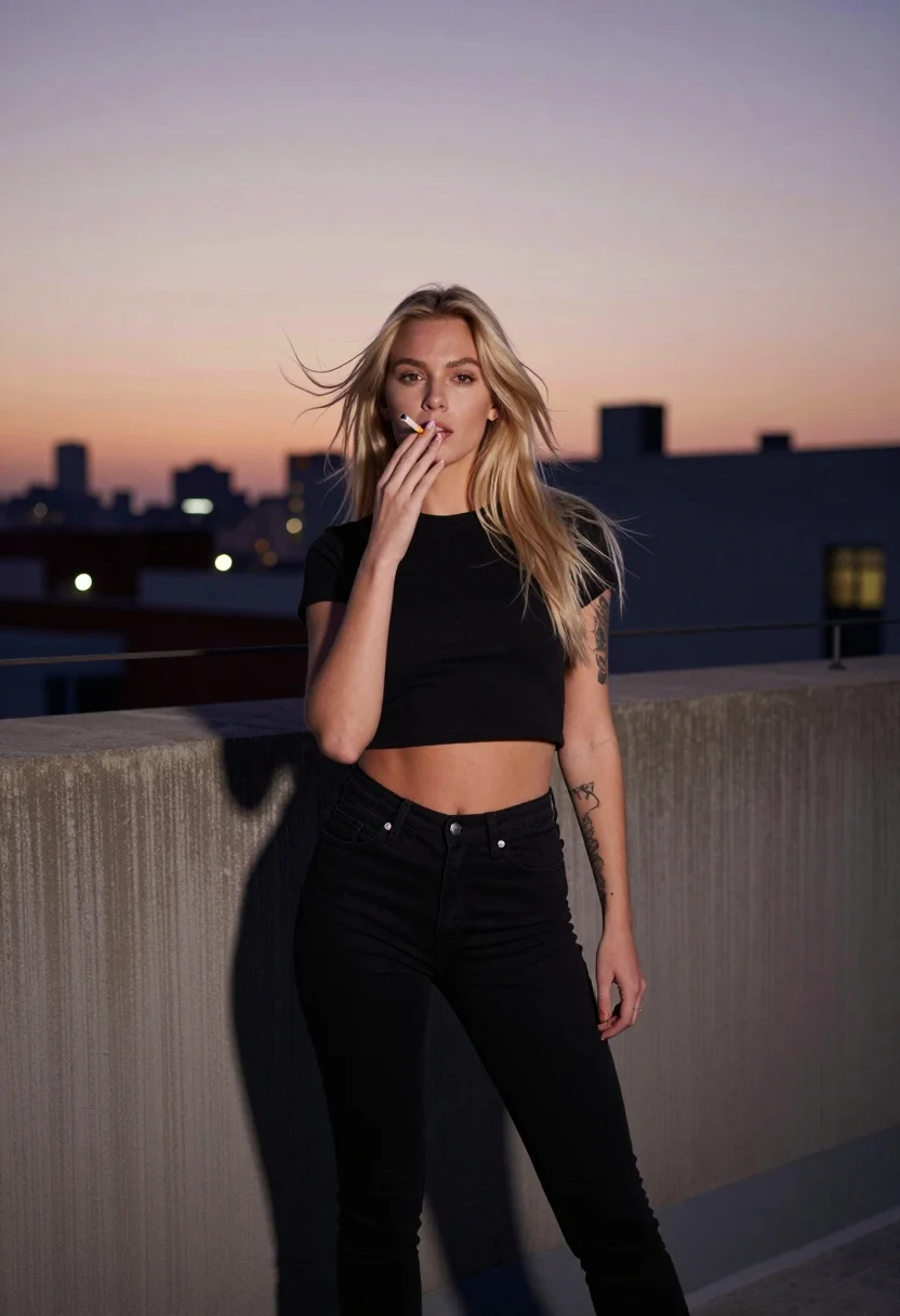 Blonde woman in black crop top on rooftop overlooking city skyline at - AI generated image prompt sample
