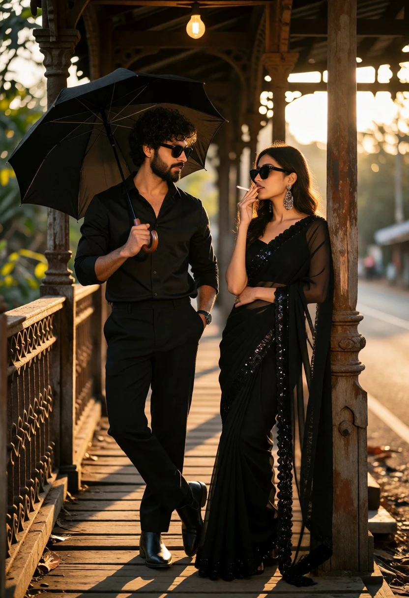 Stylish couple on rustic wooden bridge during golden hour sunlight - AI generated image prompt sample