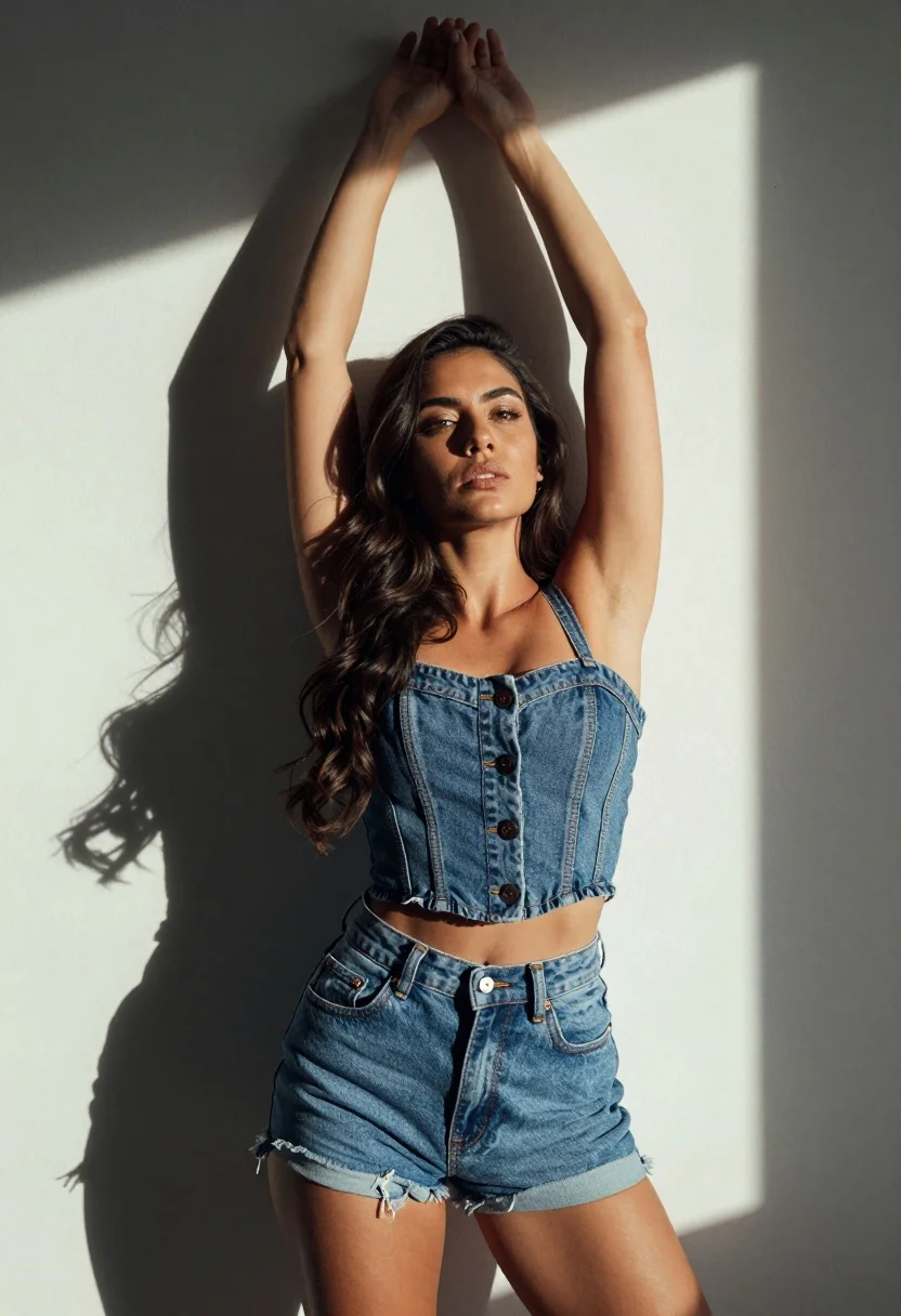 Woman in blue denim corset top posing against a plain wall - AI generated image prompt sample