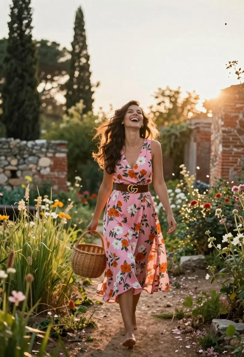 Joyful woman walking barefoot in sunlit garden holding woven basket - AI generated image prompt sample