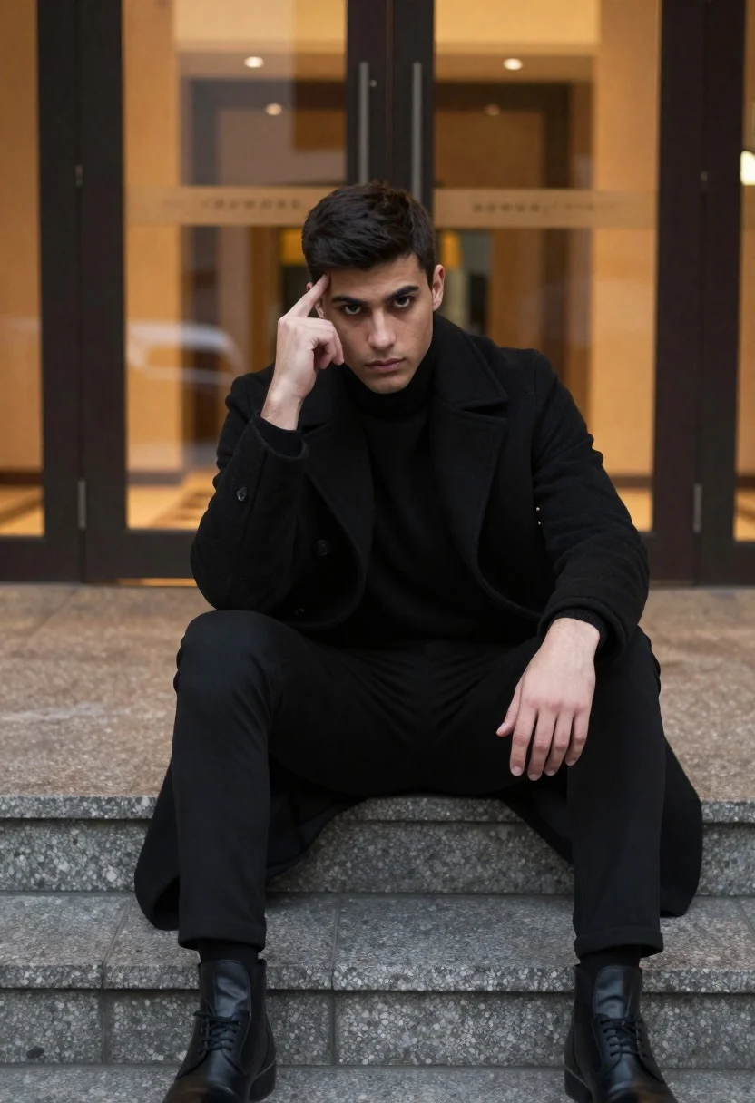 Man in black coat sitting on steps before glass building