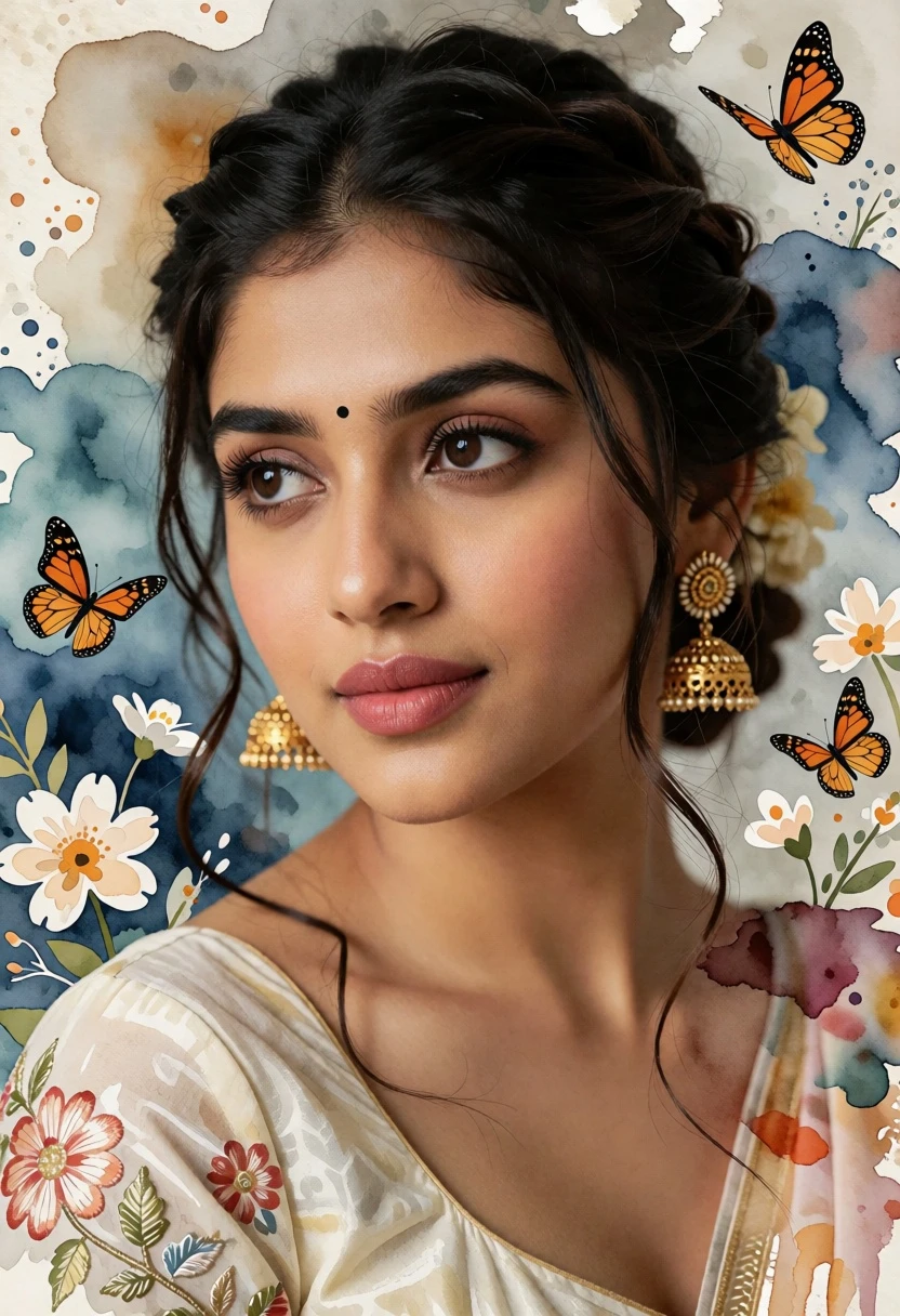 Close up portrait of woman with dark hair and gold earrings against - AI generated image prompt sample
