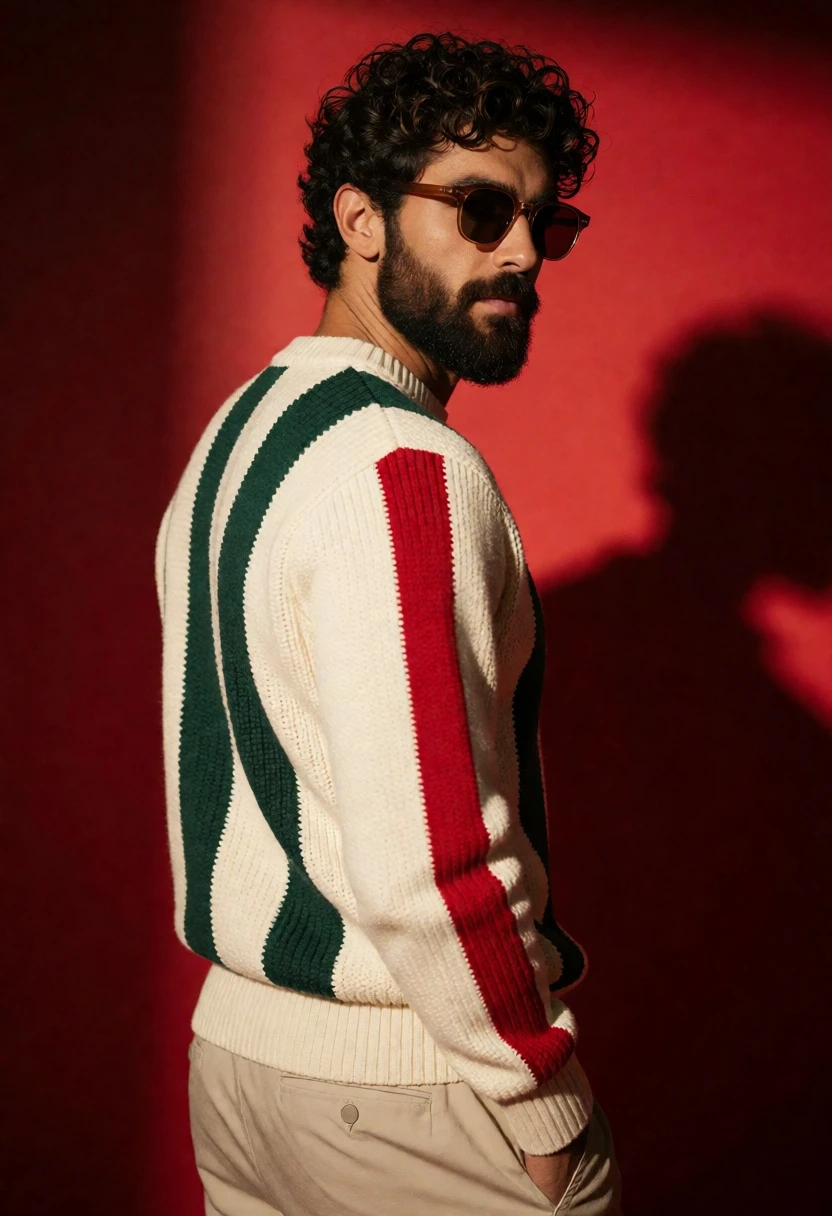 Stylish man in striped sweater looking over shoulder against vibrant red backdrop - AI generated image prompt sample