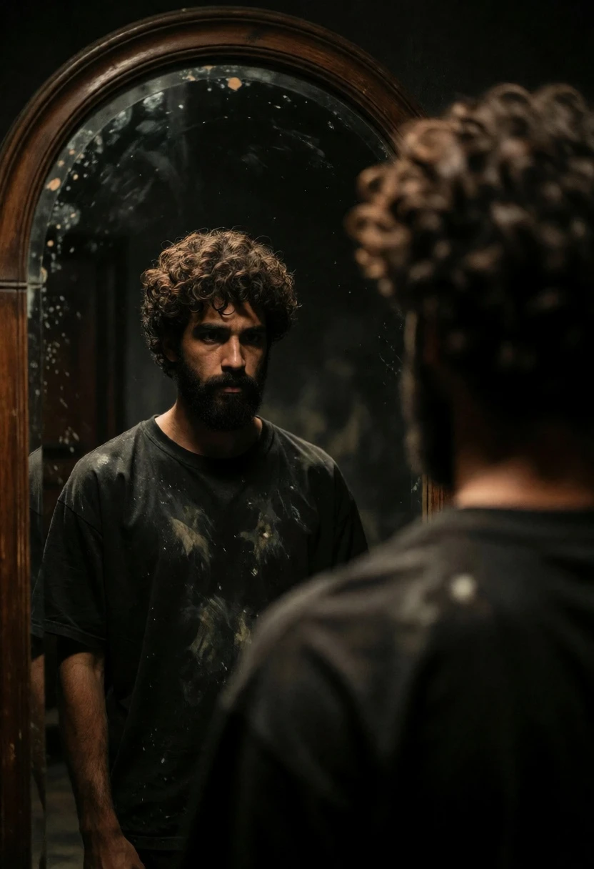 Man viewing reflection in large arched mirror with low key dramatic lighting - AI generated image prompt sample