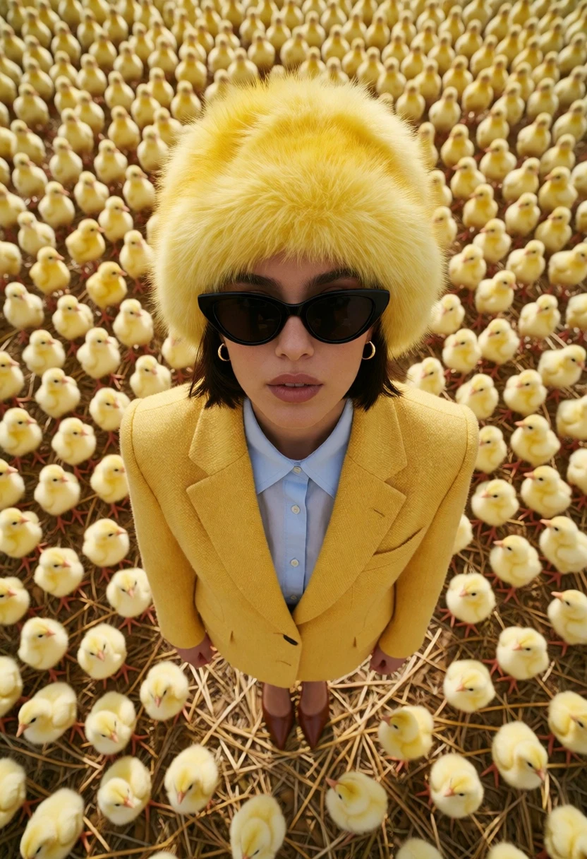 Woman in mustard blazer surrounded by hundreds of yellow chicks overhead view - AI generated image prompt sample