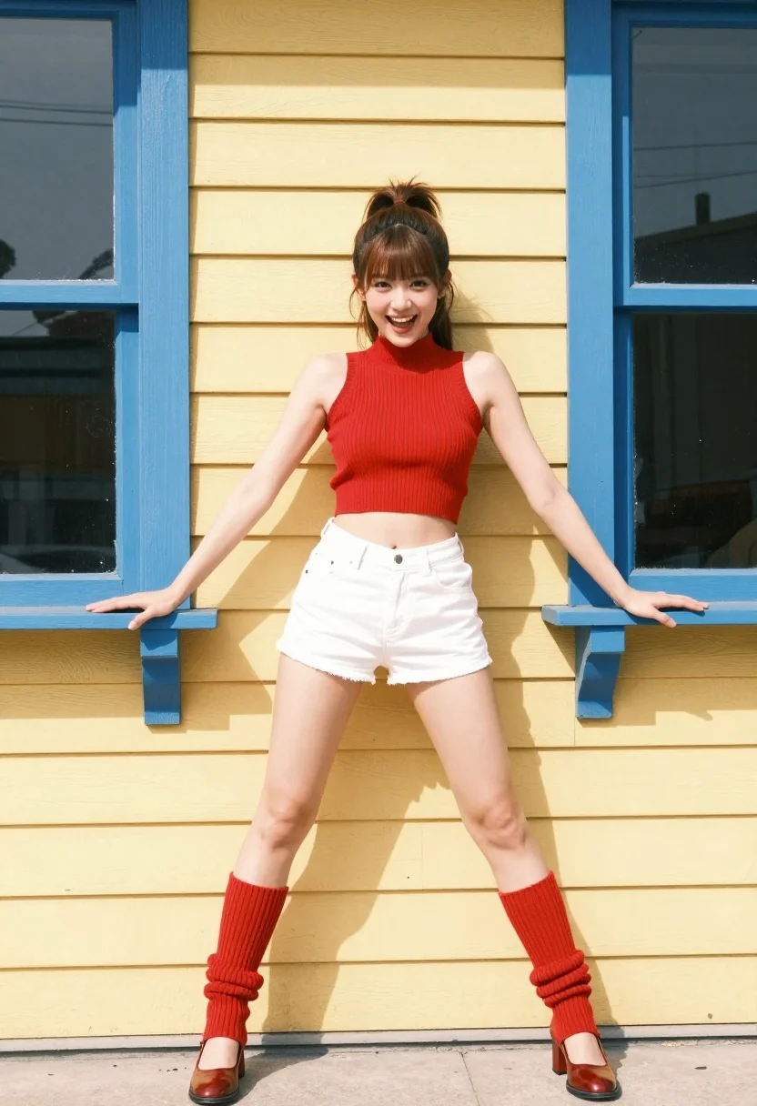 Young woman in red crop top posing playfully against yellow wood and - AI generated image prompt sample