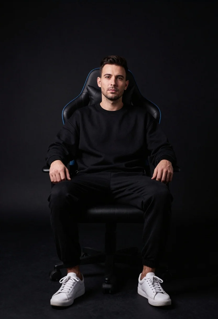Man seated in modern gaming chair against black background