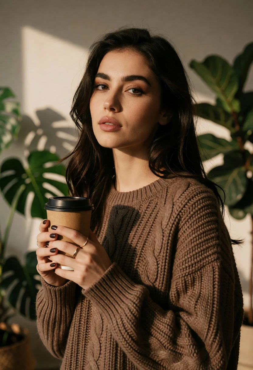 Medium close up portrait of woman holding coffee cup indoors - AI generated image prompt sample