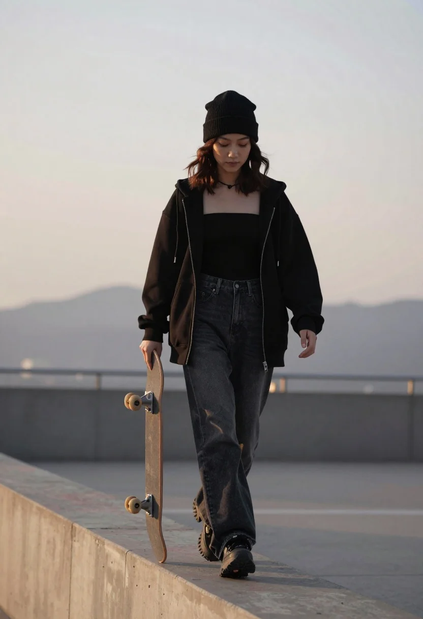 Young woman walking with skateboard along concrete ledge near mountains - AI generated image prompt sample