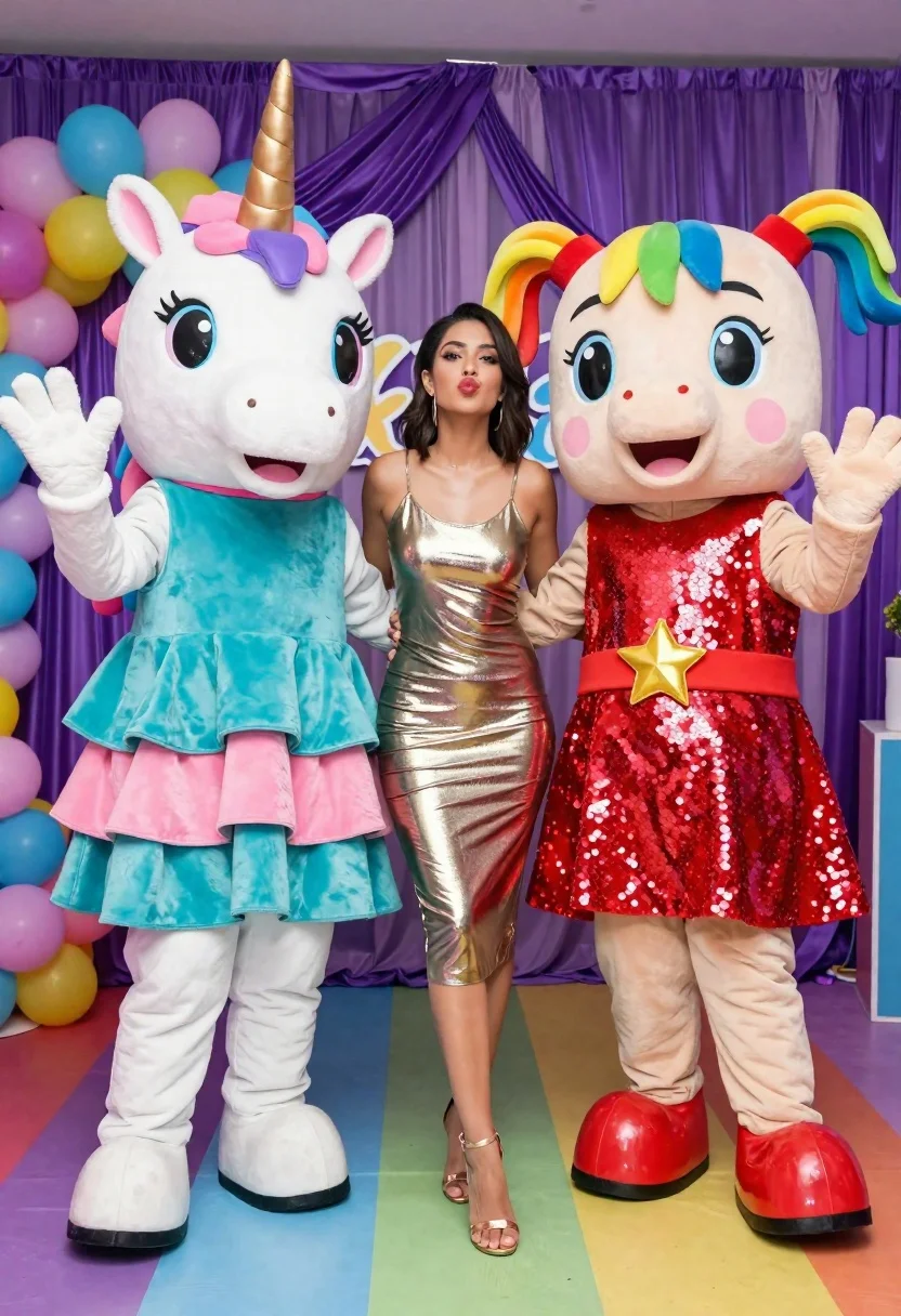 Woman in gold dress posing between two colorful mascot characters at party