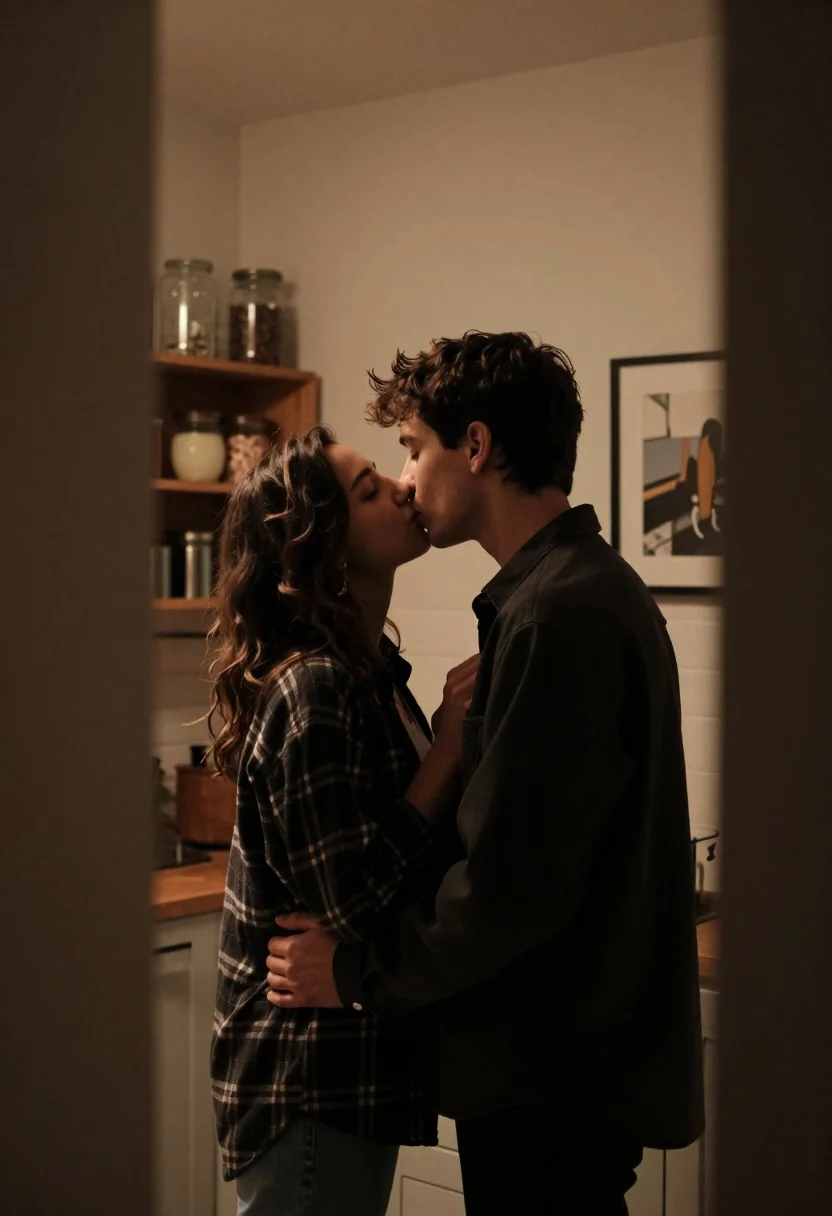 Couple kissing through doorway in softly lit kitchen