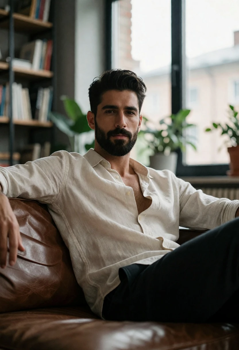 Man with beard relaxing on brown leather sofa in modern living room - AI generated image prompt sample