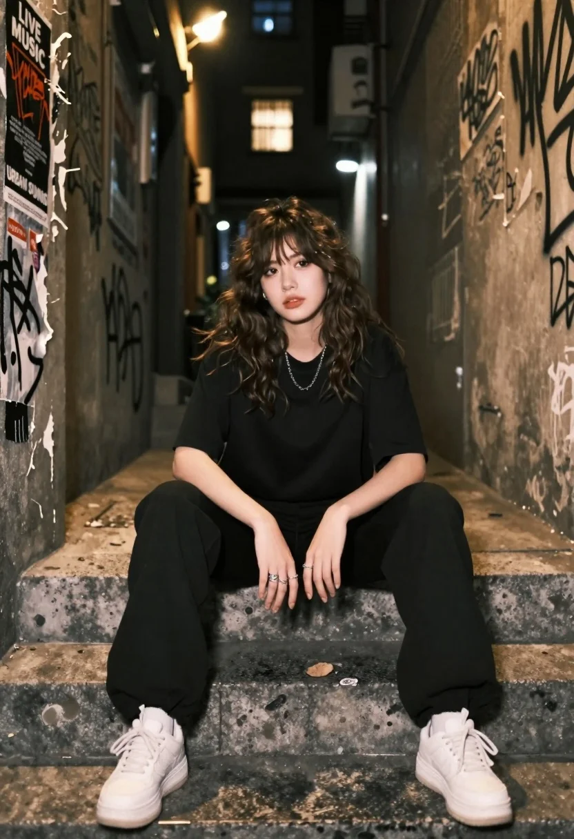 Young woman in black clothes sitting on concrete steps in an alley - AI generated image prompt sample
