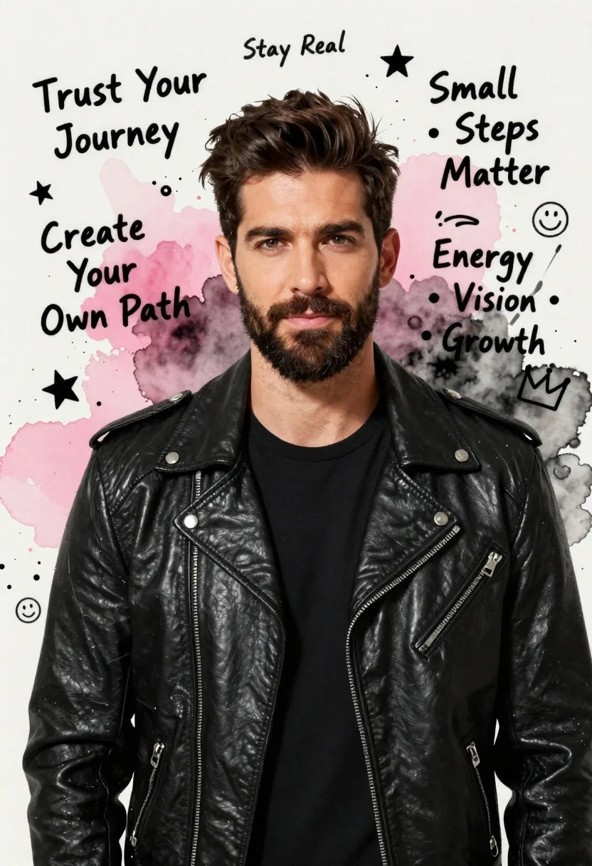 Handsome man in black leather jacket against pink and black watercolor background - AI generated image prompt sample