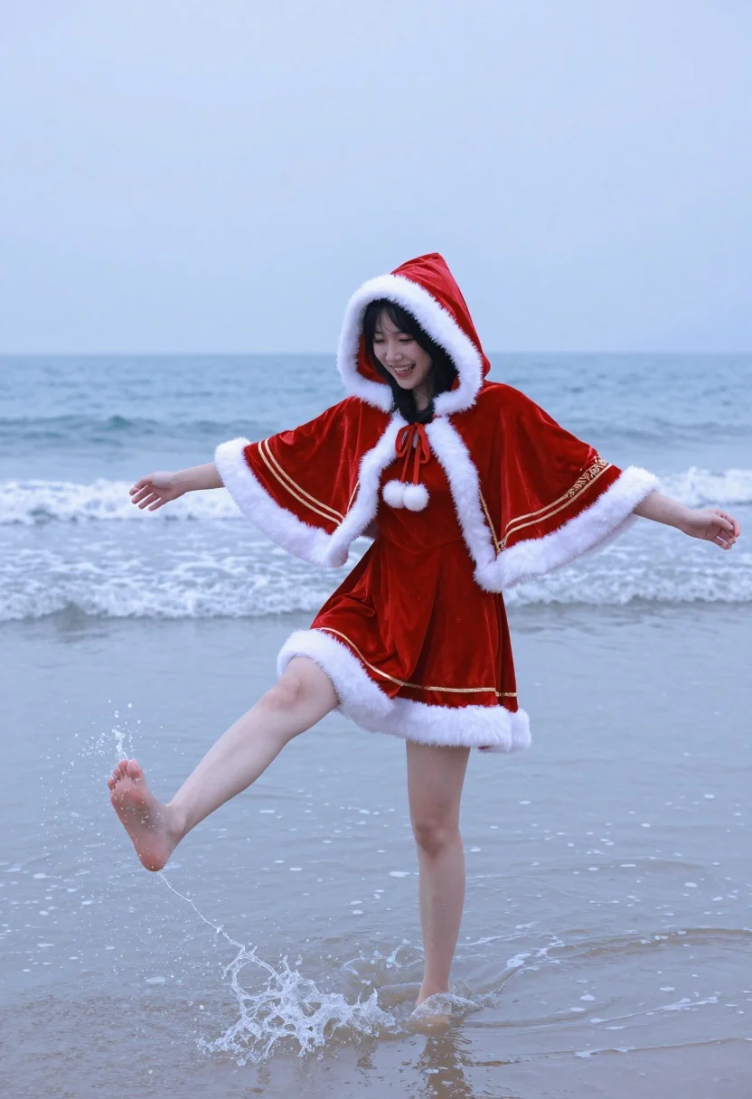 Young woman in red velvet cape dress splashing water on a beach - AI generated image prompt sample