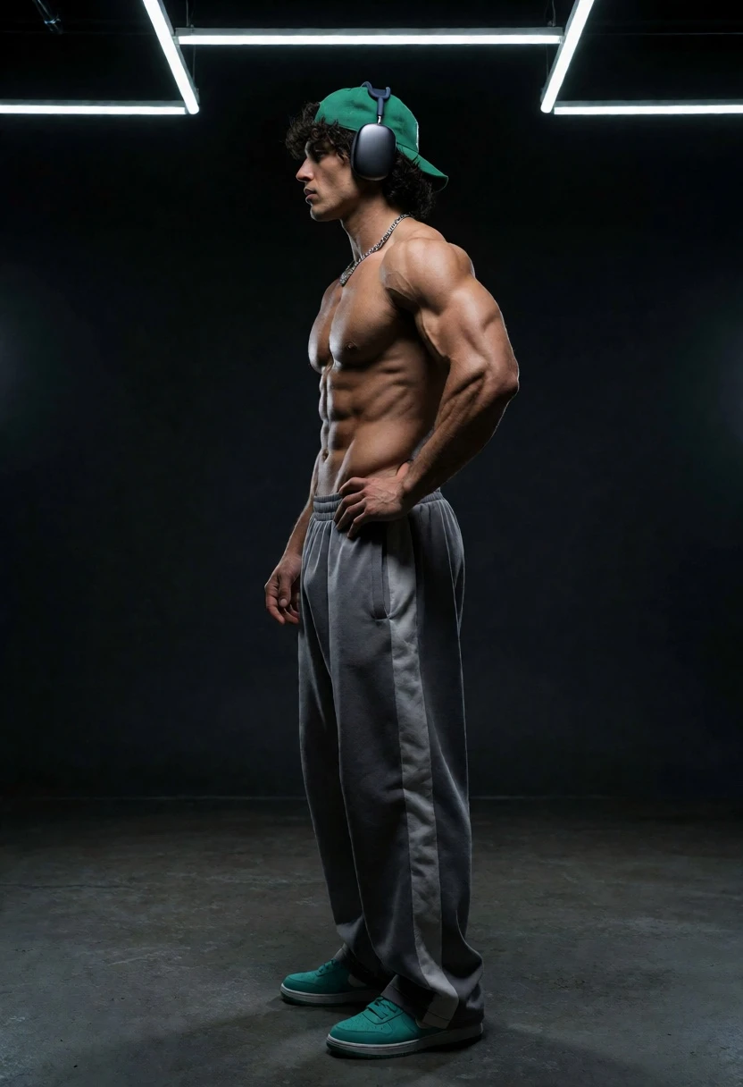 Muscular man profile against dark studio backdrop with neon ceiling lights - AI generated image prompt sample