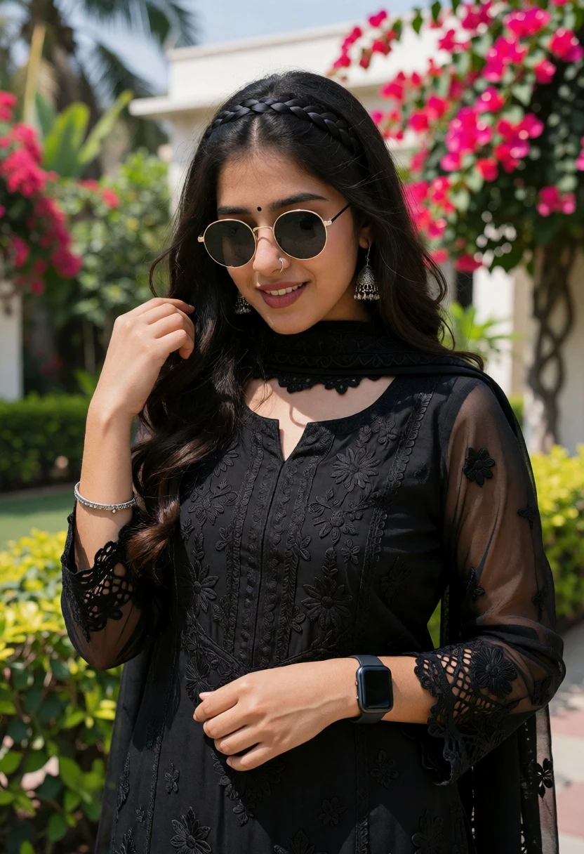 Young woman in black embroidered outfit amidst lush garden foliage - AI generated image prompt sample