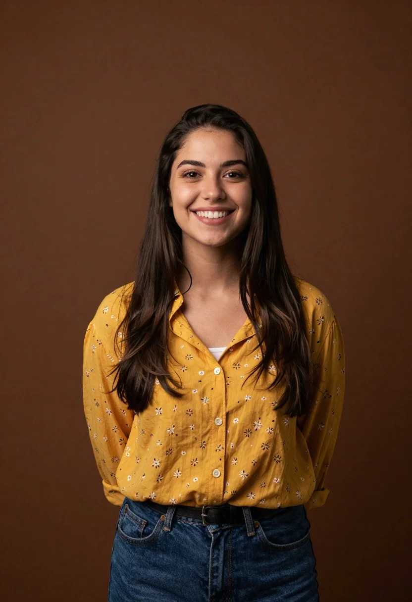 Smiling young woman with dark hair wearing yellow shirt against brown backdrop