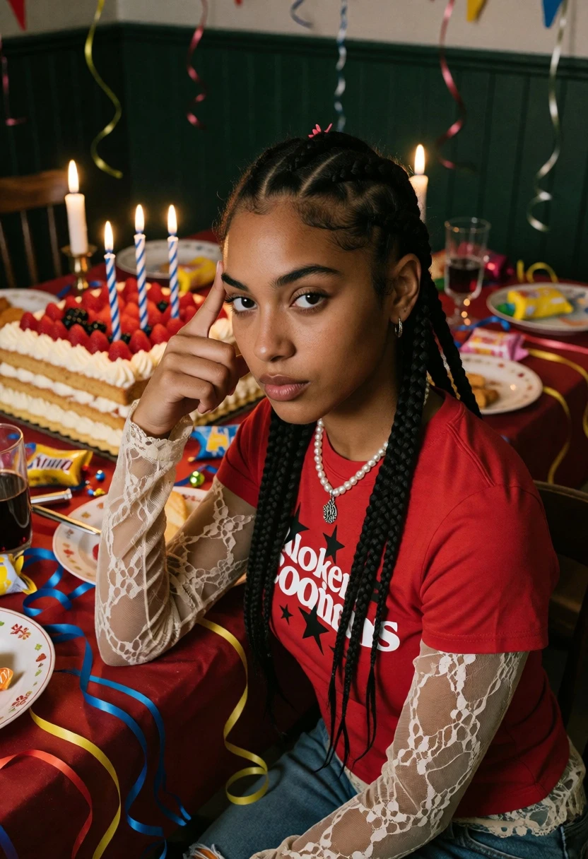 Young woman pointing to temple at messy party table under warm candlelight - AI generated image prompt sample