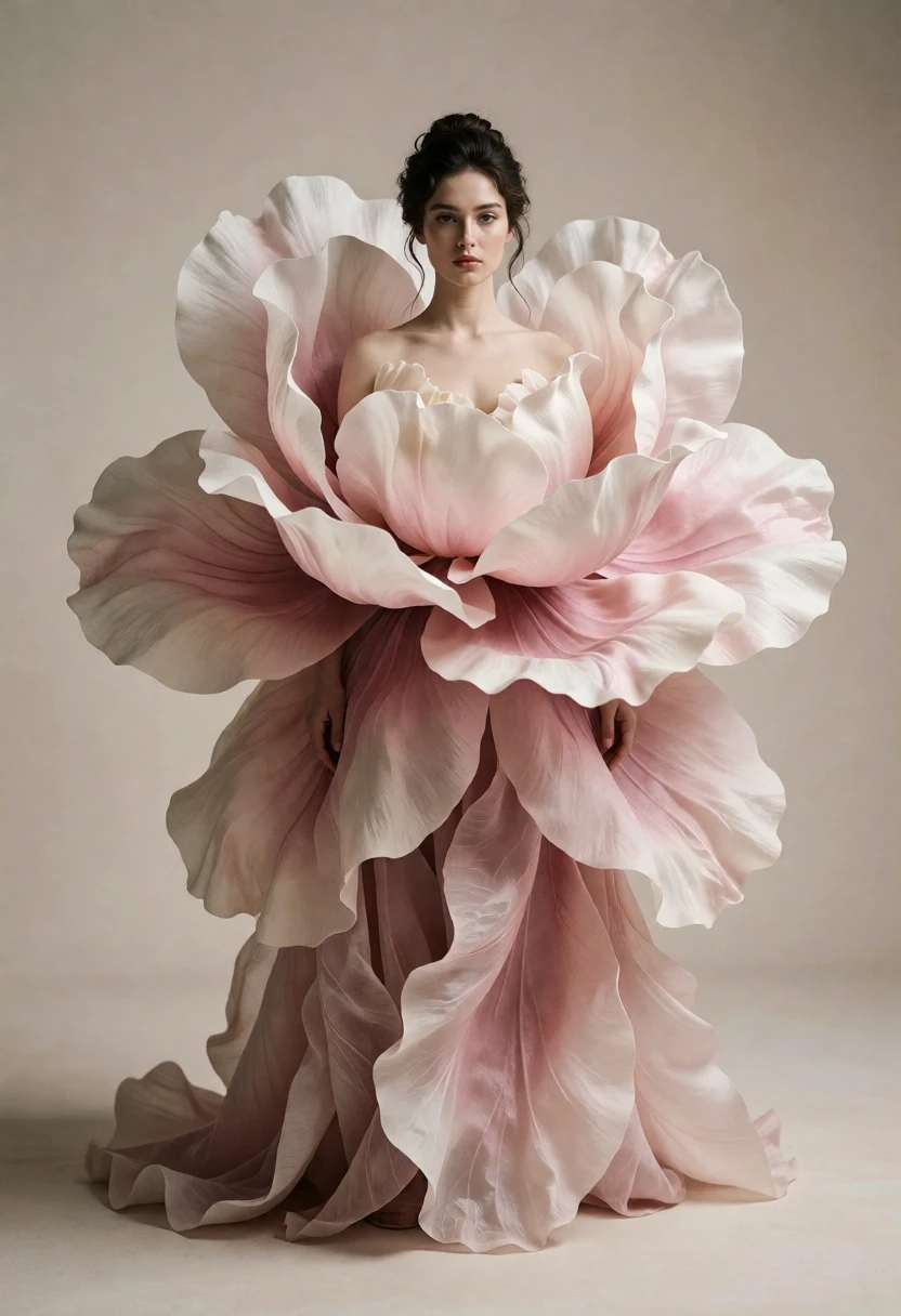 Full length portrait of woman emerging from massive blooming flower gown - AI generated image prompt sample