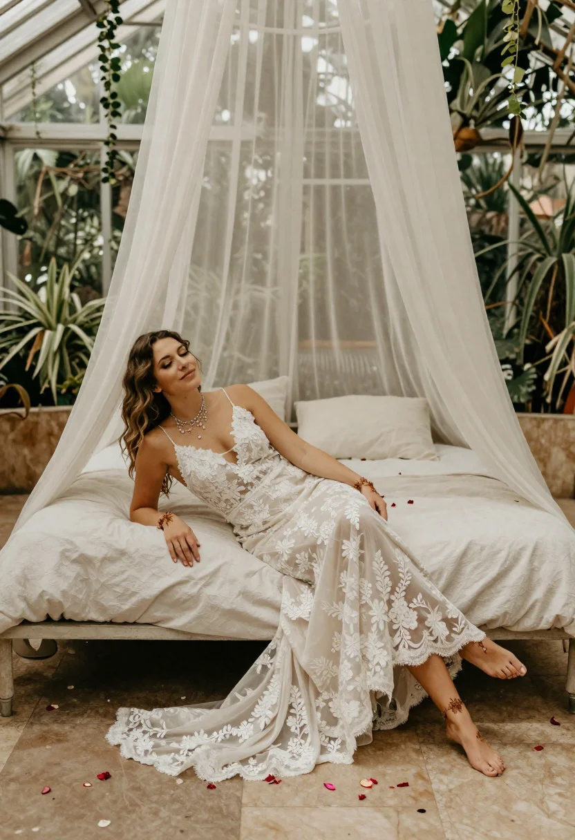 Bride reclining in bohemian lace gown within a sunlit greenhouse atrium