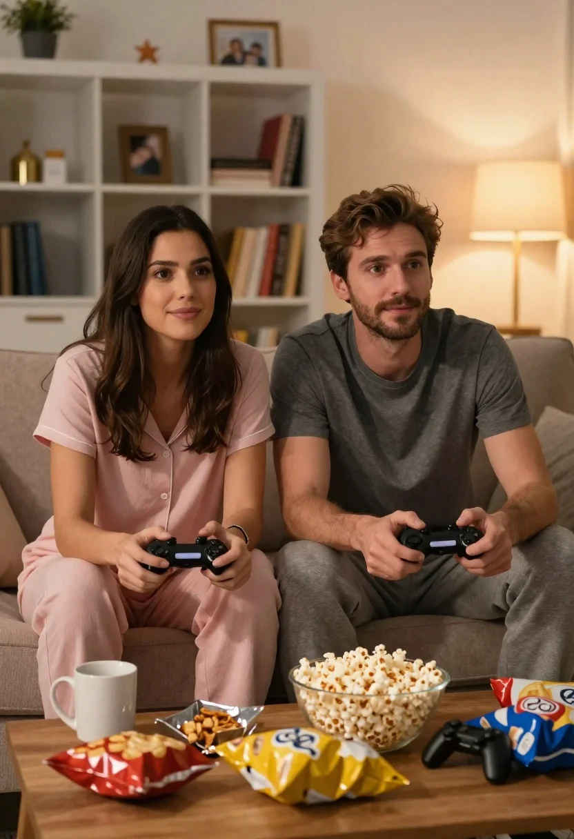 Couple playing video games on a beige sofa in a cozy living - AI generated image prompt sample