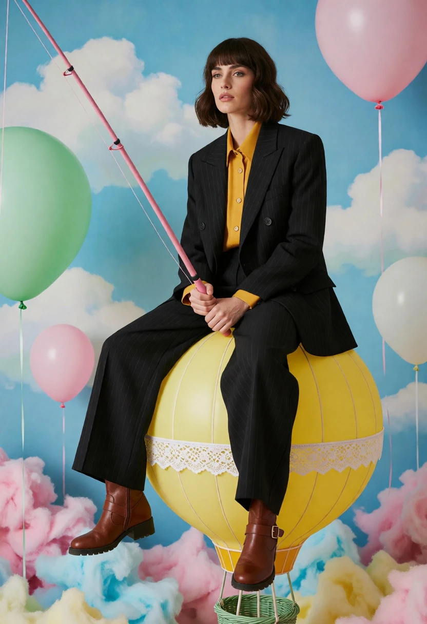 Woman in pinstripe suit sitting on yellow hot air balloon against blue - AI generated image prompt sample