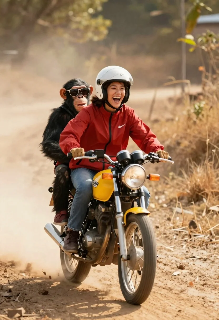 Joyful woman riding yellow motorcycle with chimpanzee passenger on dusty rural road - AI generated image prompt sample