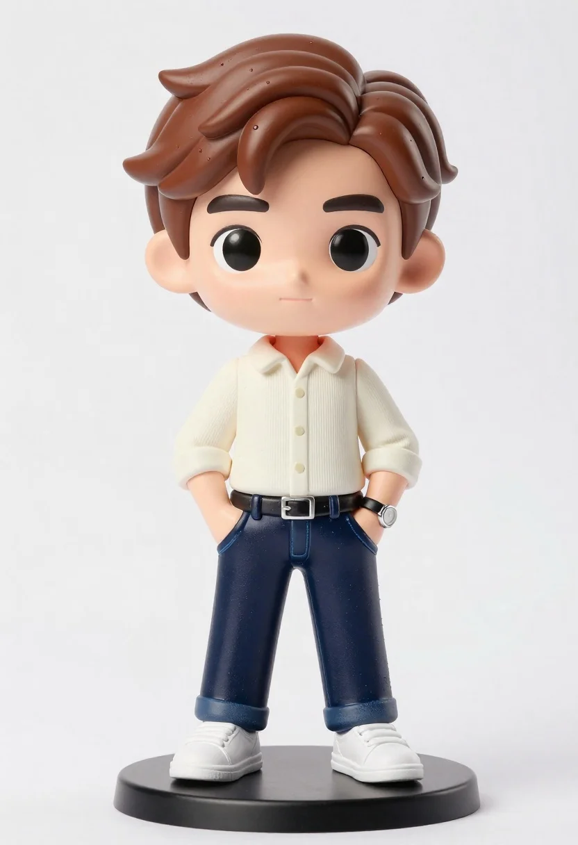 Vinyl figure of young man in cream shirt and jeans - AI generated image prompt sample