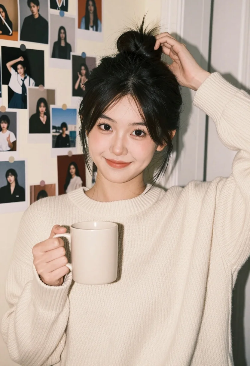 Young woman in cream sweater smiling by collage wall in cozy bedroom - AI generated image prompt sample