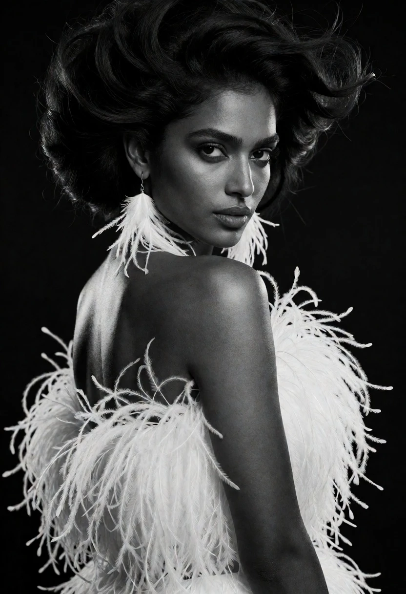 Dramatic black and white portrait of woman in feathers looking over shoulder - AI generated image prompt sample