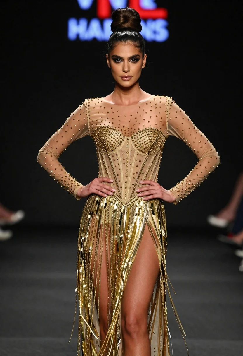 Poised woman in elaborate gold gown on dark runway under spotlight