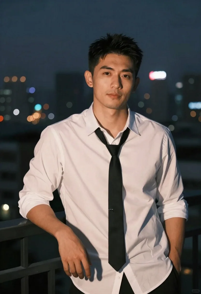 Handsome man leaning on railing overlooking blurred city skyline at night - AI generated image prompt sample