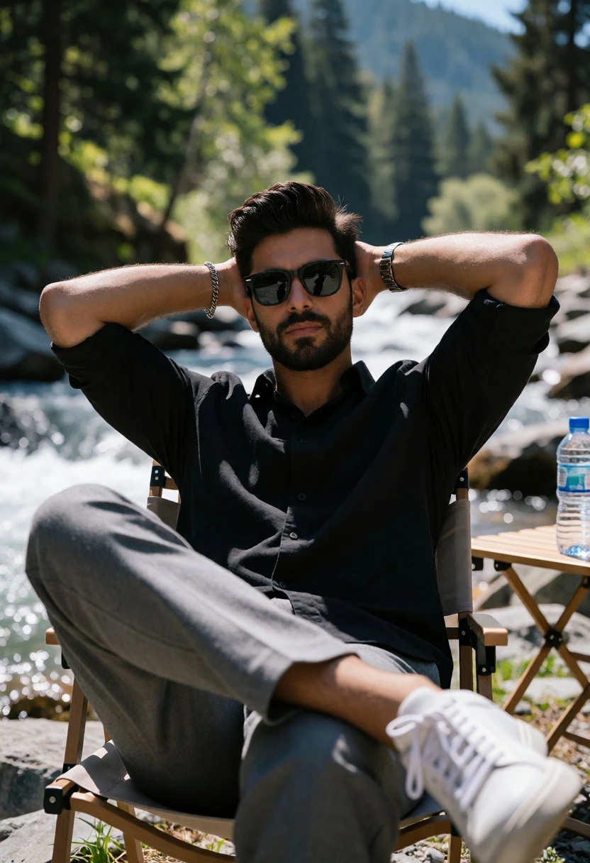 Man sitting by a rushing river in folding chair outdoors at bright - AI generated image prompt sample